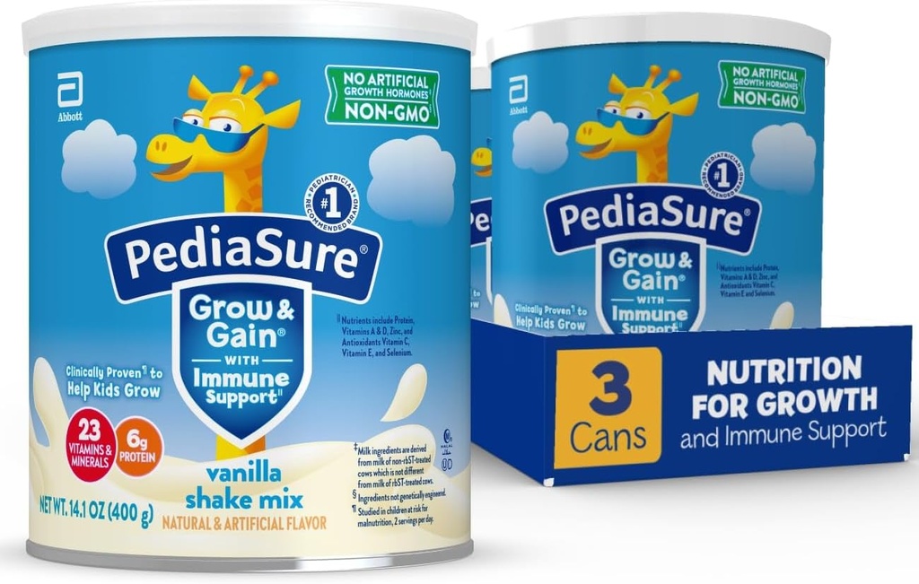 PediaSure Grow & Gain z immunologicznego wsparcia shake mix proszku, 23 witaminy i minerały, 6g białka, Non-GMO, Gluten- Free, Vanilla, 14.1 oz puszka, Opakowanie 3 - 24 porcji