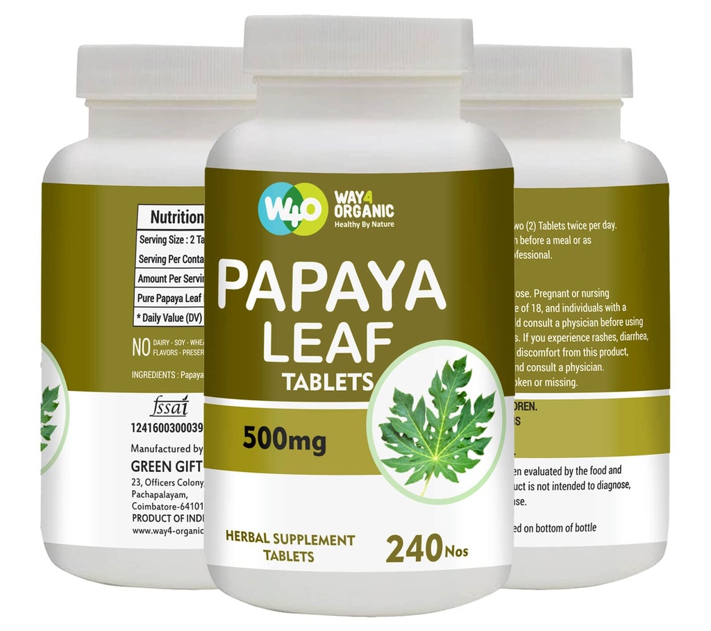 Papaya Leaf Extract Kapsułki (Tabletki) - 500 mg 240 Pigułki, Wspiera Odporność i trawienie płytek - 60 Days Supply