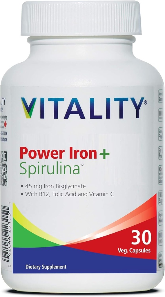 Witalność Moc Żelazo + Spirulina 124; 45 mg Żelazo 124; Blood Builder 124; Żelazo Deficyt Wsparcie 124; Wegan 124; Wszystkie Naturalne Suplement Support 124; Delikatność na Stomach 124; 30 Kapsułki