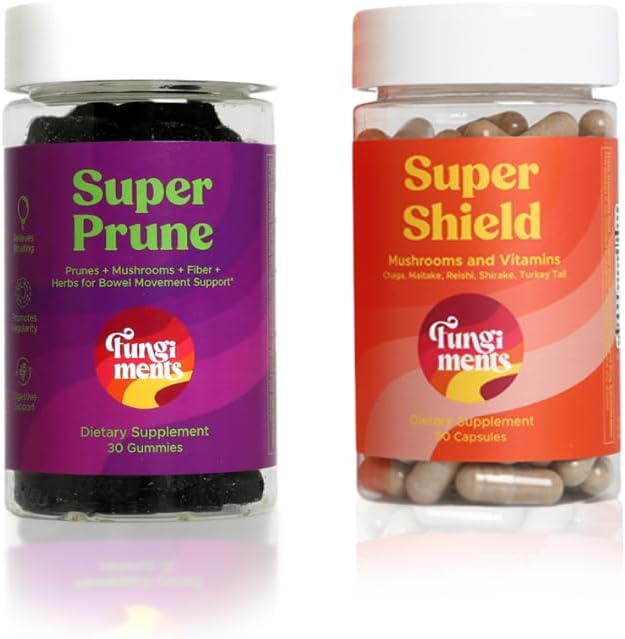 Fungiments Mushroom Supplements, trawienie / Immunitet Bundle, Super Prune 30 Count Gummies + Super Shield 60 Count Capsules