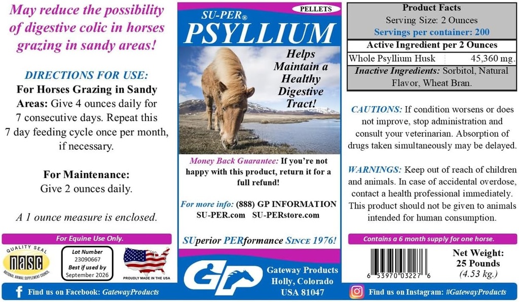 SU- PER Psyllium Pellets Equine Supplement - Utrzymuje zdrową trakturę pokarmową w koniach - Wspiera usuwanie piasku i brudu z odbytnicy - 25 funtów, 6 miesięcy dostaw