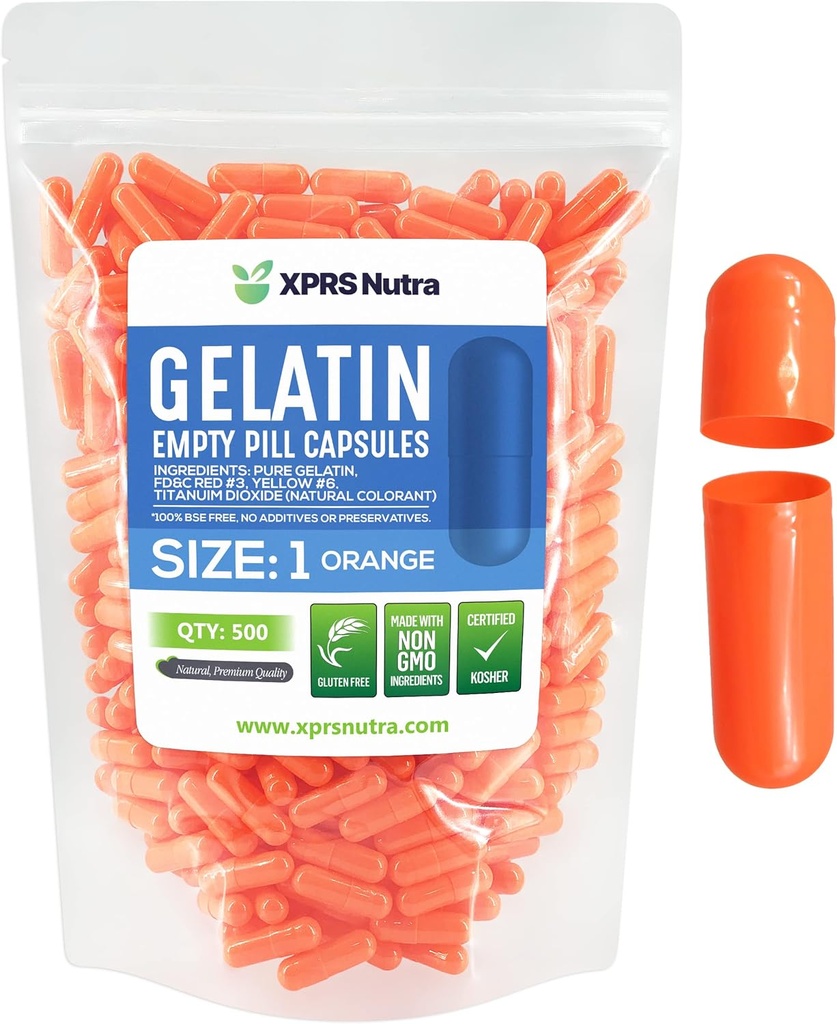 XPRS Nutra Rozmiar 1 Puste kapsułki - 500 Licz Puste kapsułki żelatynowe - Pigułka Diy Kapsułka Napełnianie - Czysty żel piórowy dla bydła Kapsułki Do- It- Yourself Supplements (Pomarańcza)