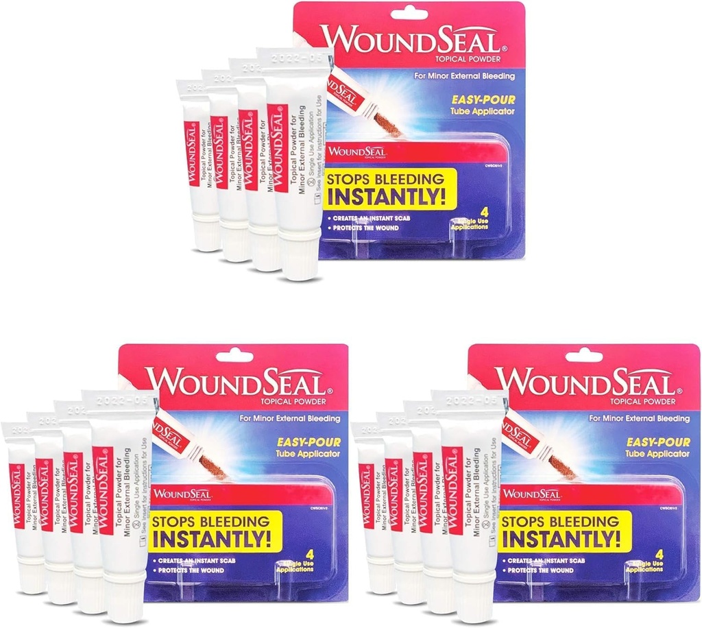 WoundSeal proszek 4 Każdy (Pack of 3) - Rana opieki pierwszej pomocy dla cięcia, Scrapes i Otarcia - Stopy Krwawienie w sekundach Bez Stitches lub Bandaże - Bezpieczne i skuteczne dla ludzi w każdym wieku i zwierząt domowych