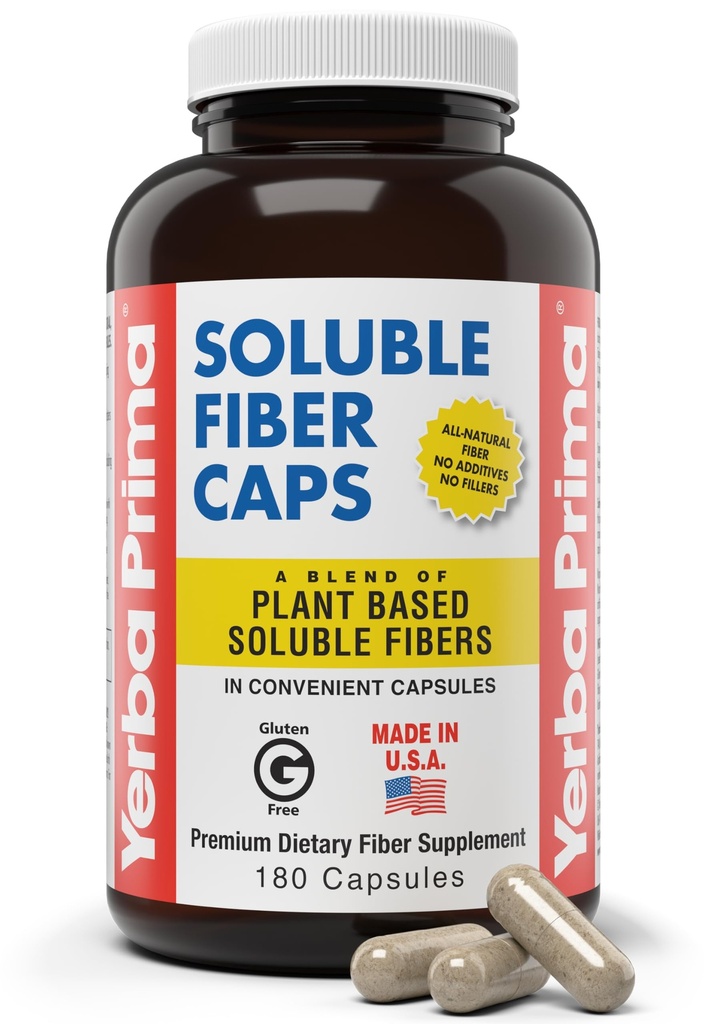 Yerba Prima Rozpuszczalny Fiber Formuła Kapsułki, 180 Count - Premium Dietetyczny Fiber Suplement, Naturalny, Skoncentrowany Fiber Rozpuszczalny, Gluten Free, Non-GMO, Made in USA