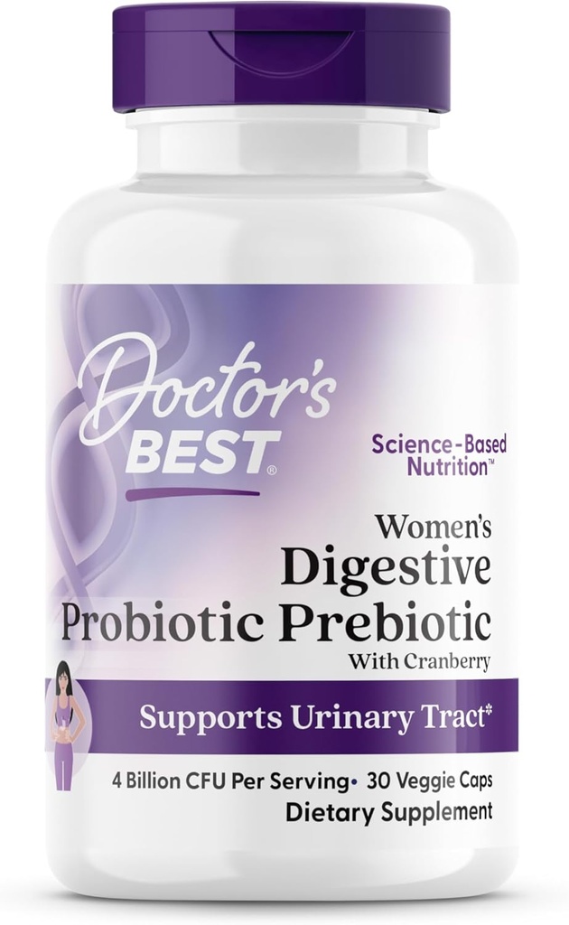 Najlepsza kobieta lekarza Digestive Probiotic Prebiotic z żurawinem i PreforPro (4 Miliard CFU), Wspiera Trakt moczowy, Non-GMO, Wegan 30 Veggie Caps