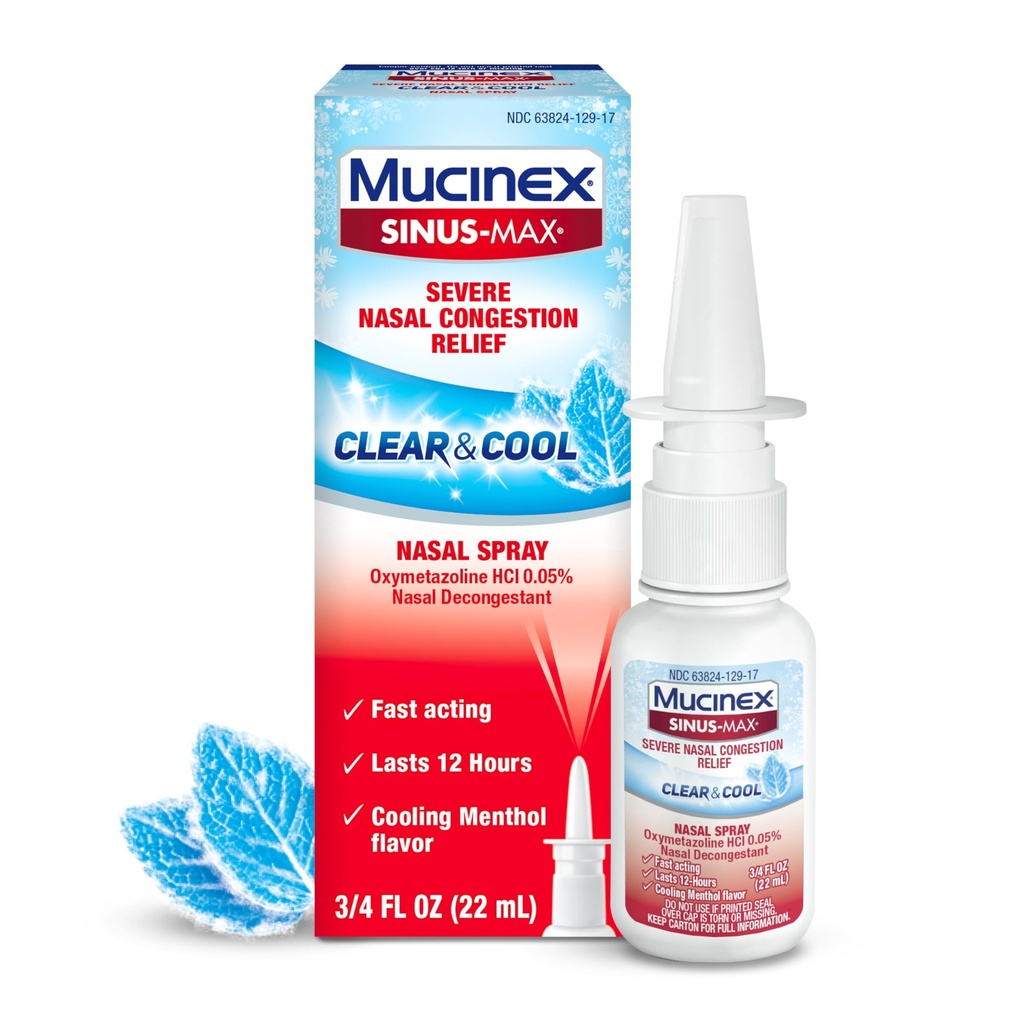 Mucinex Sinus-Max Nasal Spray Decongestant, 12 Hour Over-The-Counter Medication Nose Spray for Sinus Relief, Nasal Decongestants for Adults & Sinus Congestion, Clear & Cool 3/4 Fl Oz(22ML)