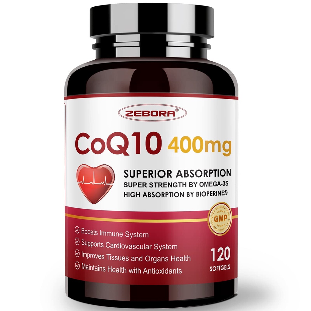 ZEBORA CoQ10- 400mg- Softgels with PQQ, BioPerine & Omega-3, Koenzym Q10 (Ubichinon) Suplement do Wysokiej Absorpcji, Potężny Przeciwutleniacz, Wsparcie Serca i Produkcji Energetycznej, 120 Służenie