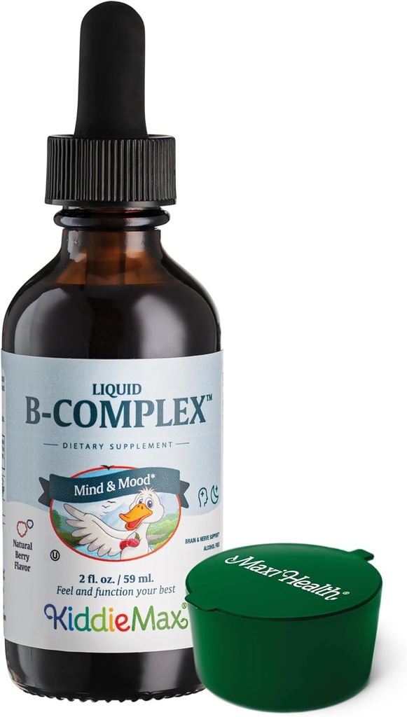Maxi Zdrowie Malina Liquid witaminy B Complex, Suplement z witaminą B12 - Podjęzykowe krople B dla dzieci z B1 B2 B3 B5 B6 Biotin kwasu foliowego, Dla energii i funkcji mózgu - 2 fl. Oz, Zielona Filbox