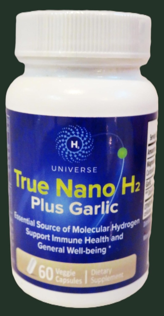 True Nano H2 z czosnku przez H2 Wszechświata 124; Wodór molekularny z aktywnych nanobubbles wodoru, zwiększa energię, Potężny przeciwutleniacz 124; 60 Kapsułki