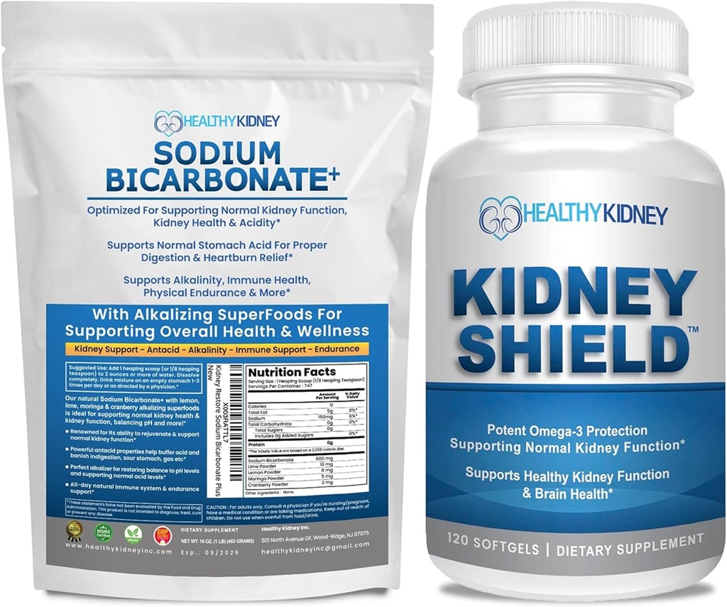Organiczny dwuwęglan sodu Suplement alkaliczny 1.5LBS + Tarcza Nerki 120 Czapki Suplement Nerki do wsparcia Normalnej funkcji Nerki