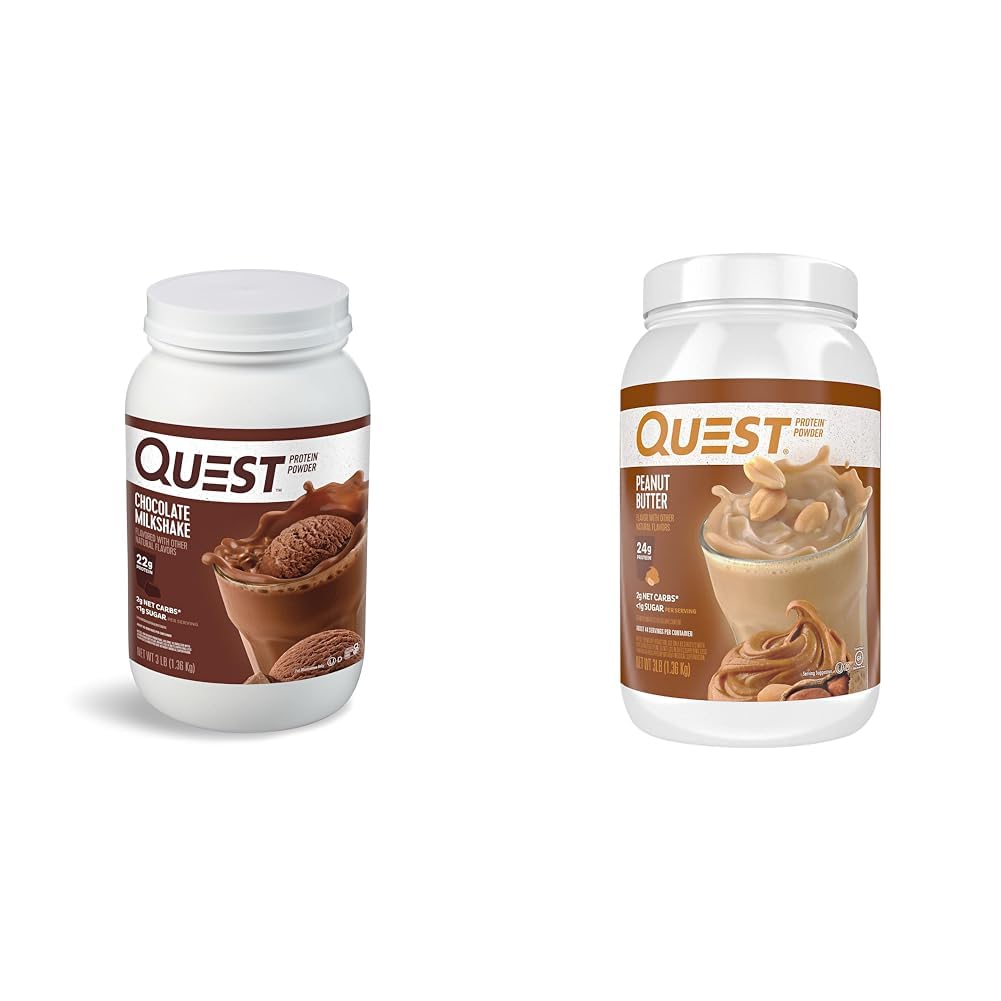 Quest Nutrition Chocolate Milkshake Protein Powder, 22g Protein, 1g Sugar, Niskie węglowodany, Gluten Free, 3 Funt, 43 Servings & Peanut Butter Protein Powder, 23 g Protein, 1 g Sugar, Niskie węglowodany, Gluten Free