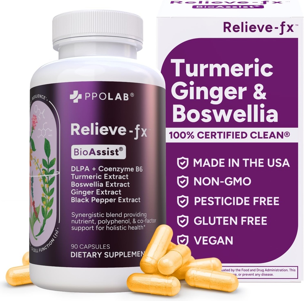 Relieve- fx ™ DLPA Boswellia Turmeric and Ginger Supplement, Stress Relief, Serce, trawienie, Skurcze mięśni, Joint, Zapalenie Zdrowia, Witamina B6 P5P, Kwas Boswelinowy, Kurkumina z Pieprz czarny - 90ct