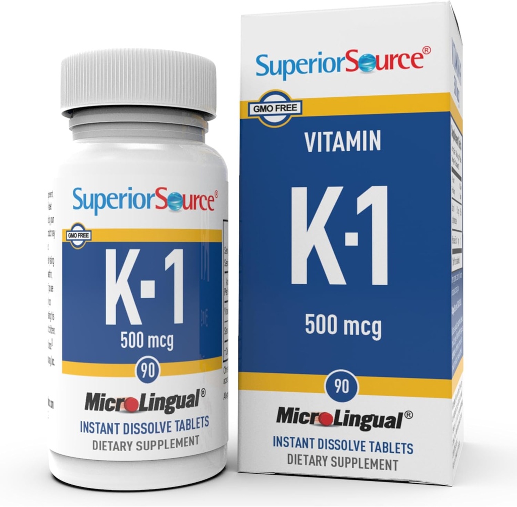 Superior Source Witamina K1 500 µg - Superior Source Siła kości i suplement wsparcia zdrowia - Suplement witaminy K pomaga we krwi Zdrowie i Wchłanianie wapnia - 100 Podjęzykowe tabletki rozpuszczające