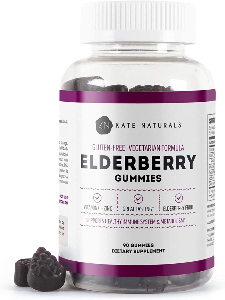Kate Naturals Elderberry Gummies z witaminą C i cynkiem dla dorosłych i dzieci. Smaczne gumki Sambucus Elderberry do wsparcia immunologicznego (90 gumek, 45 Day Supply)