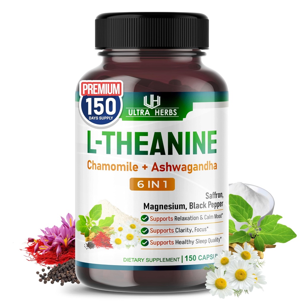 Suplement L- Theanine - 6 IN 1 Kompleks Wzbogacony o magnez, Ashwagandha, Szafran, Rumianek - Relaks wsparcia, Calmness & Sen Jakość 124; 150 Kapsułki