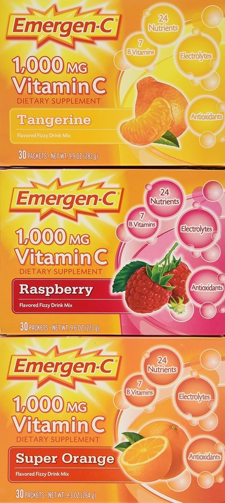 Emergen- C 1000 mg witamina C Suplement diety Drink Mix, Super Orange / Malina / Tropikalny, 90 Pakiety, net Wt. 28.5 oz.