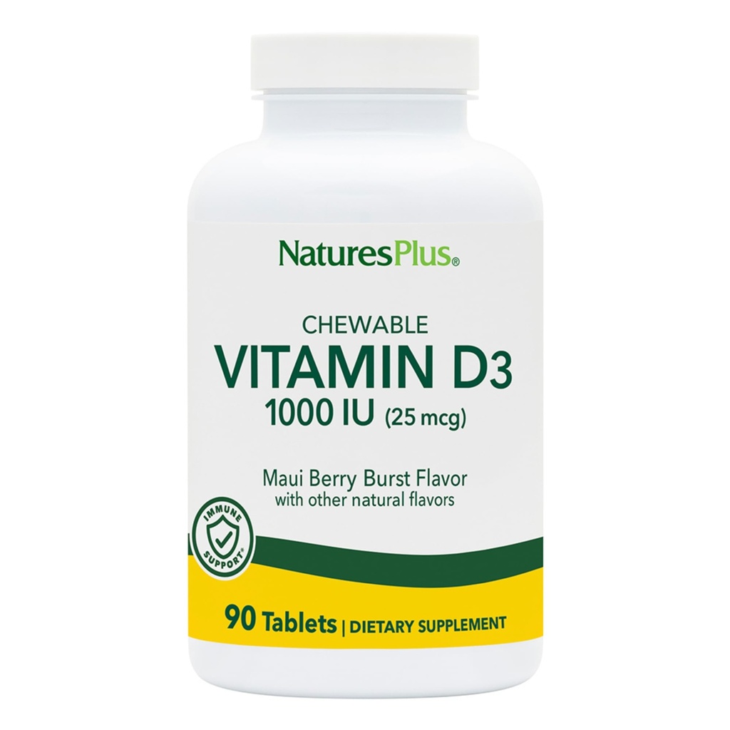 NaturesPlus Witamina D3 (1000 j. m.) - 90 Tabletki do żucia, Smak Burst Maui Berry - wegetarianin, Gluten Free - 90 Służba