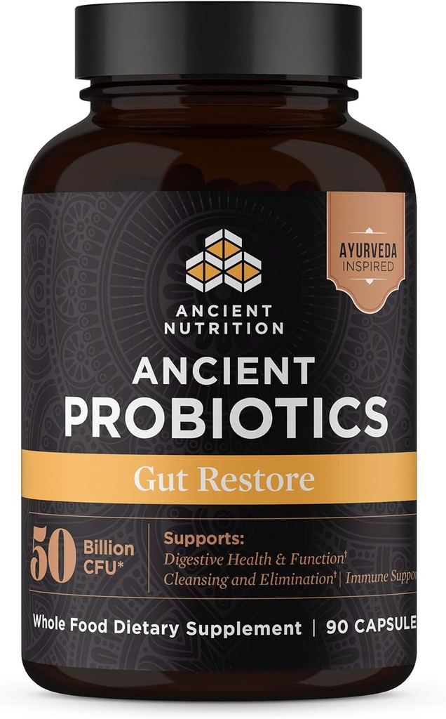 Ancient Nutrition Probiotics, Gut Restore 90ct z Ginger i kozieradki, Wspomaga funkcje trawienne, Redukuje Biegunkę, Zaparcia, Gaz i Bloating, Superfoods Mieszanka, 50 Miliard CFU * / Serving