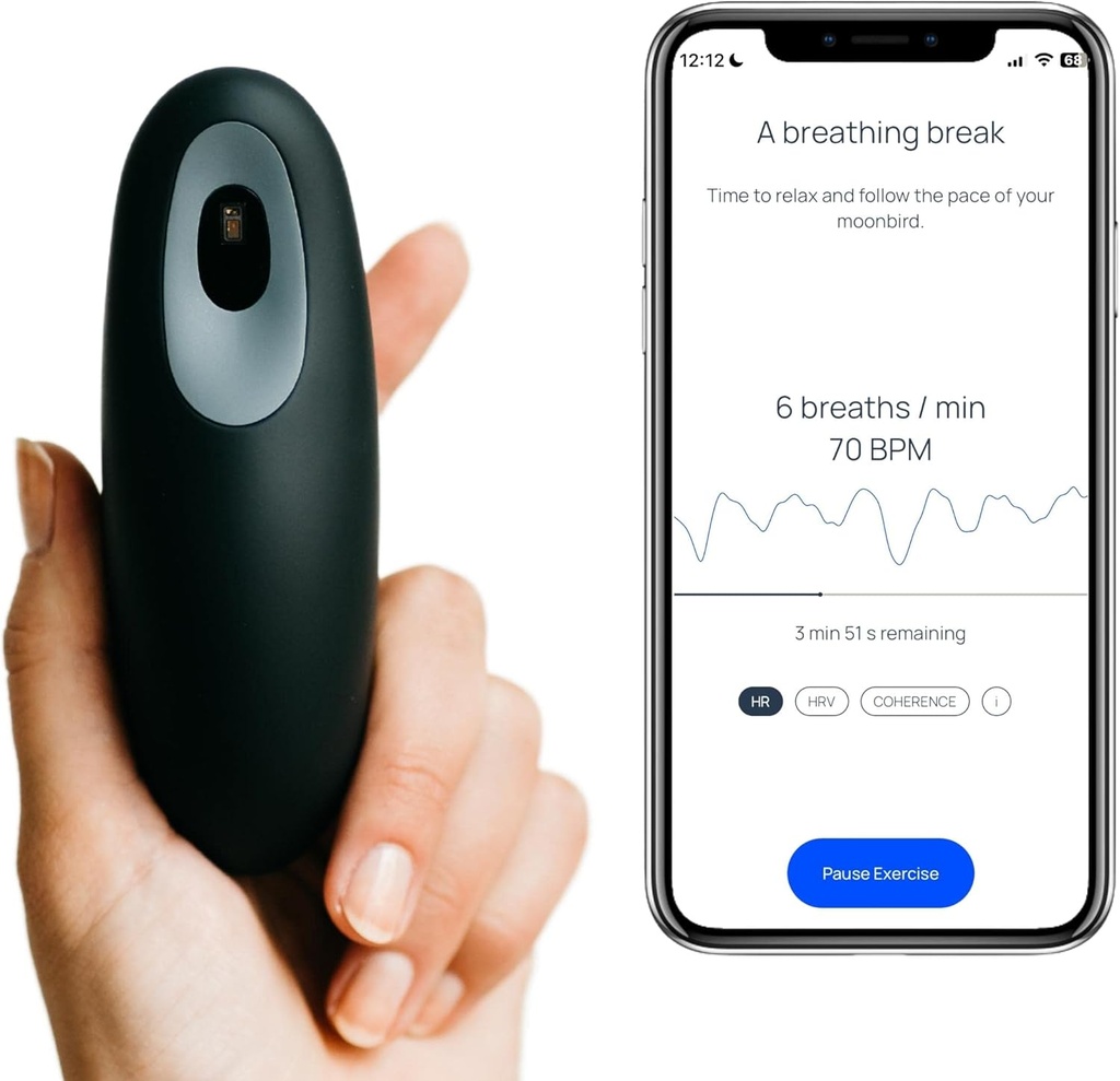 Moonbird Breathing Tool for Relaxation & Sleep Support – Guided Breathwork for Calm, Meditation & Stress Support – Portable & Rechargeable – Black Grey