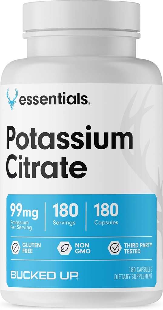 Bucked Up Potasu Citrate 99mg Per Serving, Bucked Up Essentials (180 Służenia, 180 Kapsułki)