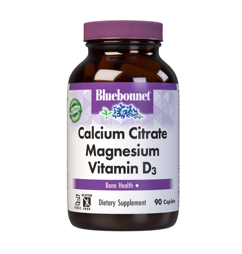 Bluebonnet Nutrition Wapnia Citrate Magnezu Plus witaminy D3 Caplets, Bone Health & Relaxation Muscle, Non GMO, Gluten, Soy & Milk Free, Kosher, White, 90 Count