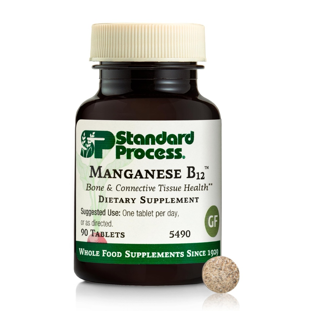 Standard Process Manganese B12 - Wspiera zdrowie tkanki kostnej i połączonej - Wsparcie dla formowania hemoglobiny - Bezglutenowe, Non-Dairy & Non-Soy - 90 Tablets (90 Servings)