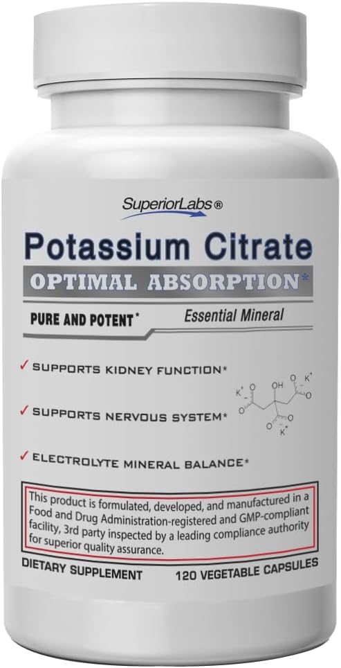 Superior Labs Potasu Citrate 100 mg, Pure Non-GMO Electrolyte Mineral, Dodatek wolny, Kamień Nerki i pH Wsparcie, Mięśnie Cramp Relief, Serce i Nerwy Funkcja, Alkalizujące Równowaga, 120 Czapki Veg