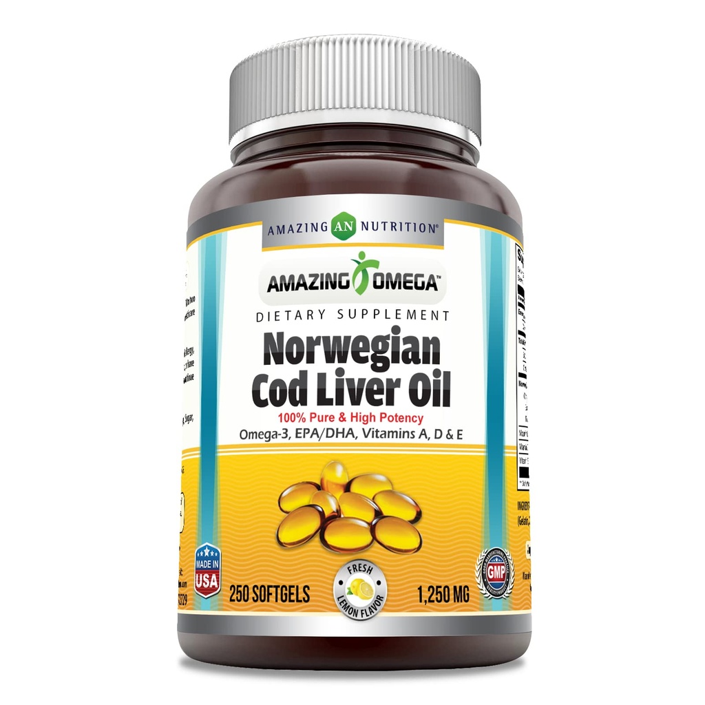 Amazing Omega Norwegian Cod Liver Oil 1250 Mg Softgels Supplement Equipment 124; Omega- 3, EPA, DHA, Witamina A, Witamina D & Witamina E (Pomarańczowy Licznik 124; 250)
