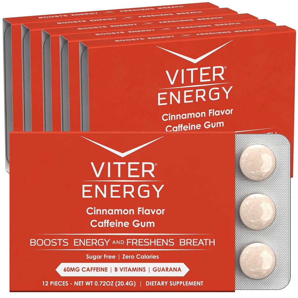 Viter Energy Kofeina Gum 60mg Kofeina, Witaminy B, Guarana, Cukier wolny. (Cynamon, 12szt, 6 Pack)