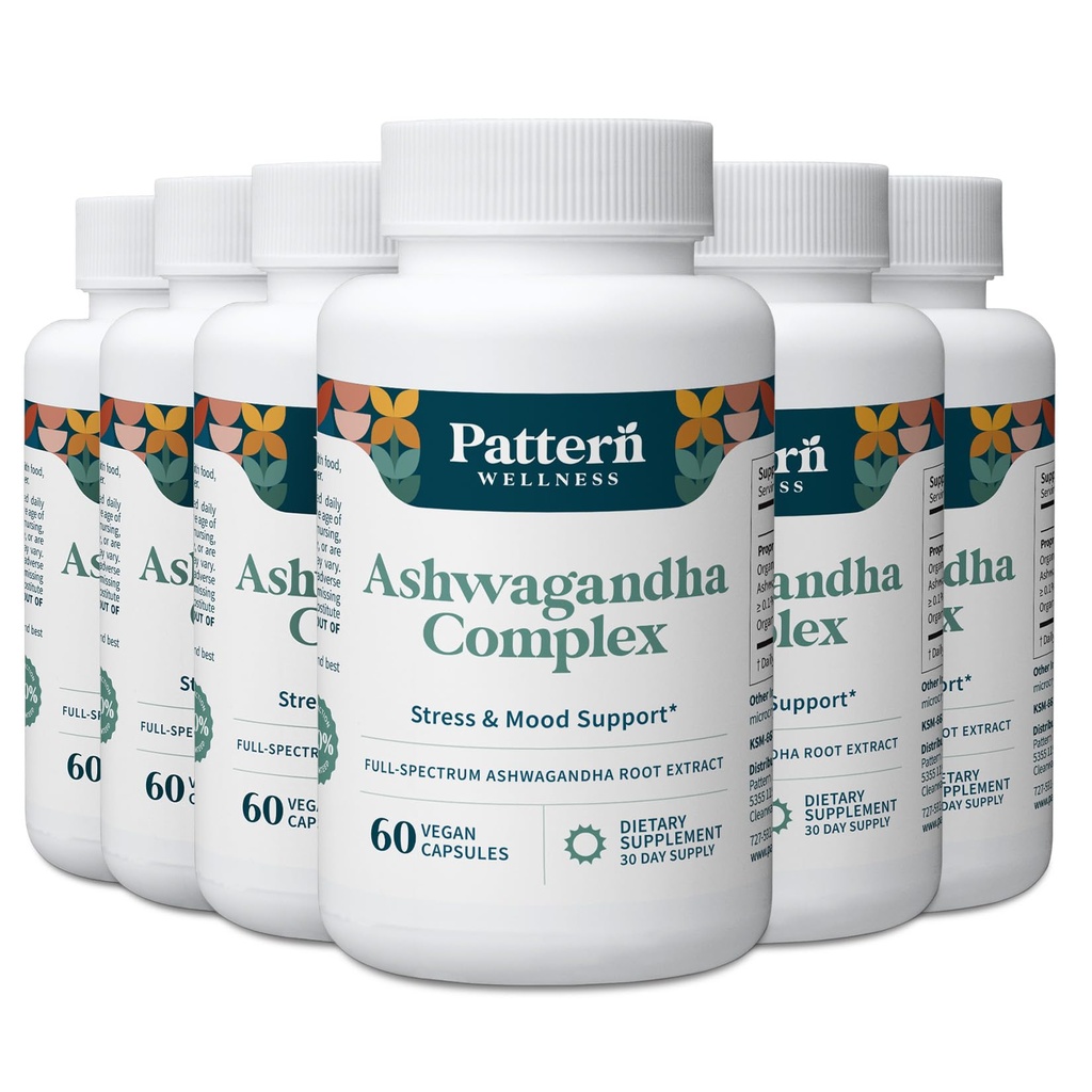 Pattern Wellness Ashwagandha Complex for Men & Women - KSM- 66 & Black Pepper Extract - Whole Body & Heart Health - Supports Stress & Mood - Non-GMO - 360 Vegan kapsułki