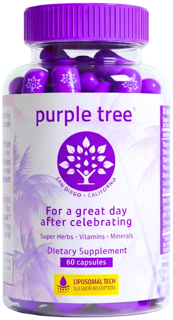 purpurowe drzewo Post- Celebration Wellness Supplement Equipment 124; Liposomal Dihydromyricetin (DHM), L- Glutathione, Milk Thistle for Liver Support & Hydration Assessment 124; Elektrolity, Witaminy B, Willow Bark Agregat 124; 60 Kapsułki