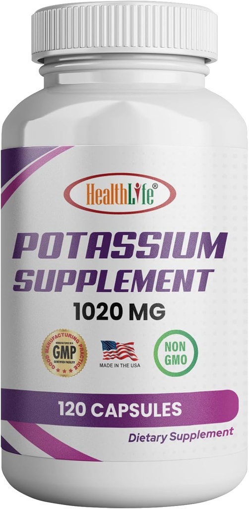 Suplement potasu HealthLife, 1020 mg, 60 Służenia, 120 kapsli, Biwęglan potasu