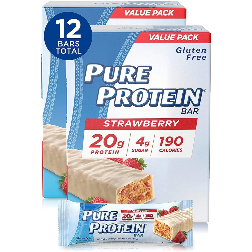 Czyste bary protein, wysoki poziom białka, odżywcze przekąski do wsparcia energii, niski cukier, gluten wolny, truskawkowy grecki jogurt, 6 barów każdy 1.76 Oz, Opakowanie z 2