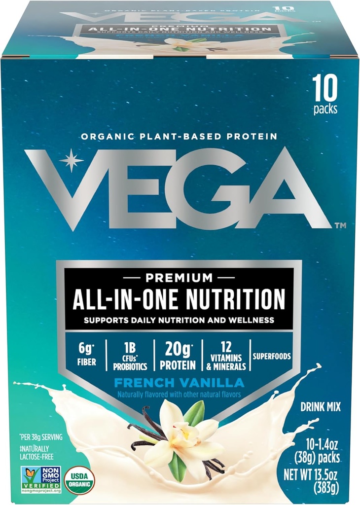 Vega Organic All- in- One Vegan Protein Powder, French Vanilla -Superfood Ingredients, Witaminy do wspierania odporności, Keto Friendly, Pea Protein for Women & Men, 13.5 oz (Packaging May Vary)