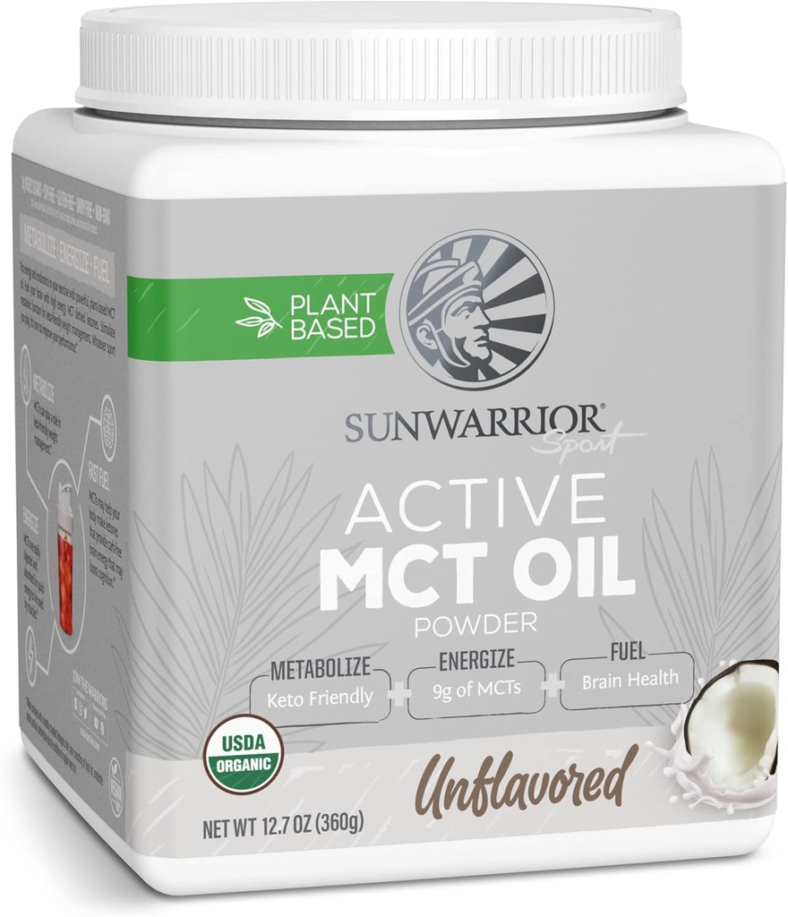 Sunwarrior Organic MCT Oil Powder Supplement Medium- Chain Triglicerydy Czysty kokosowy 124; Keto USDA Sugar Soy Gluten Dairy Free Non-GMO British 124; Unflavored 40 Sługi aktywne