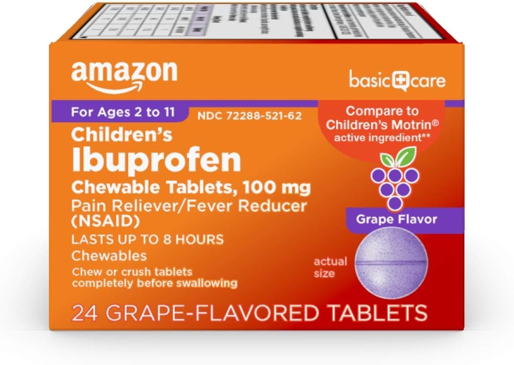 Ibuprofen dla dzieci Ibuprofen tabletki do żucia 100 mg, Grape Flavor, Reliever Pain i Fever Reducer (NLPZ), Na ból gardła, ból zęba, ból głowy Ulgi i więcej, 24 Count
