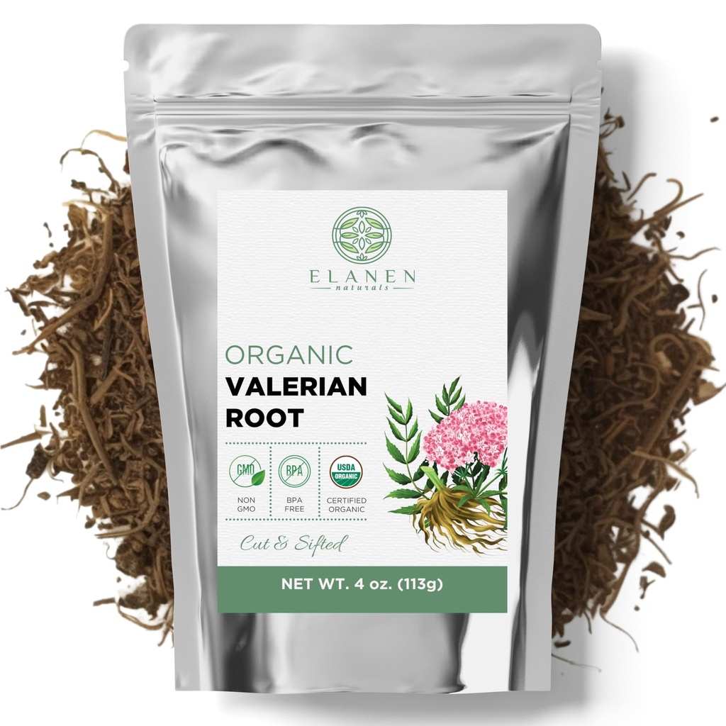 Elanen Naturals Organic Valerian Root 4 oz. (113g), USDA Certified Organic Valerian Root Herb Herb, Te De Valeriana Para Dormir, Valarian Officinalis Whole Loose Leaf, Cut & Sifted