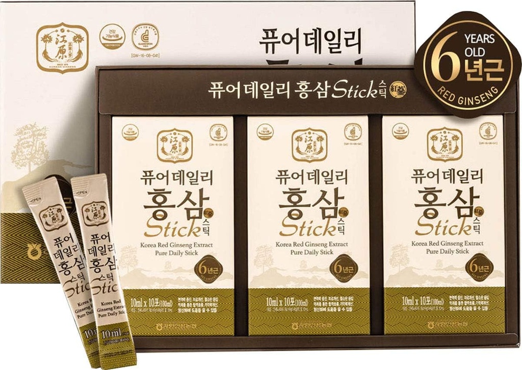 Gangwoninsam] Ekstrakt Koreański Czerwony Ginseng Pure Daily Stick 30 Count - Zawiera 6 Koreański Czerwony Ginseng Extract, Koreański Food, Indywidualnie pakowane, 0,35 fl. oz (10ml), 3 X 10- Count Box