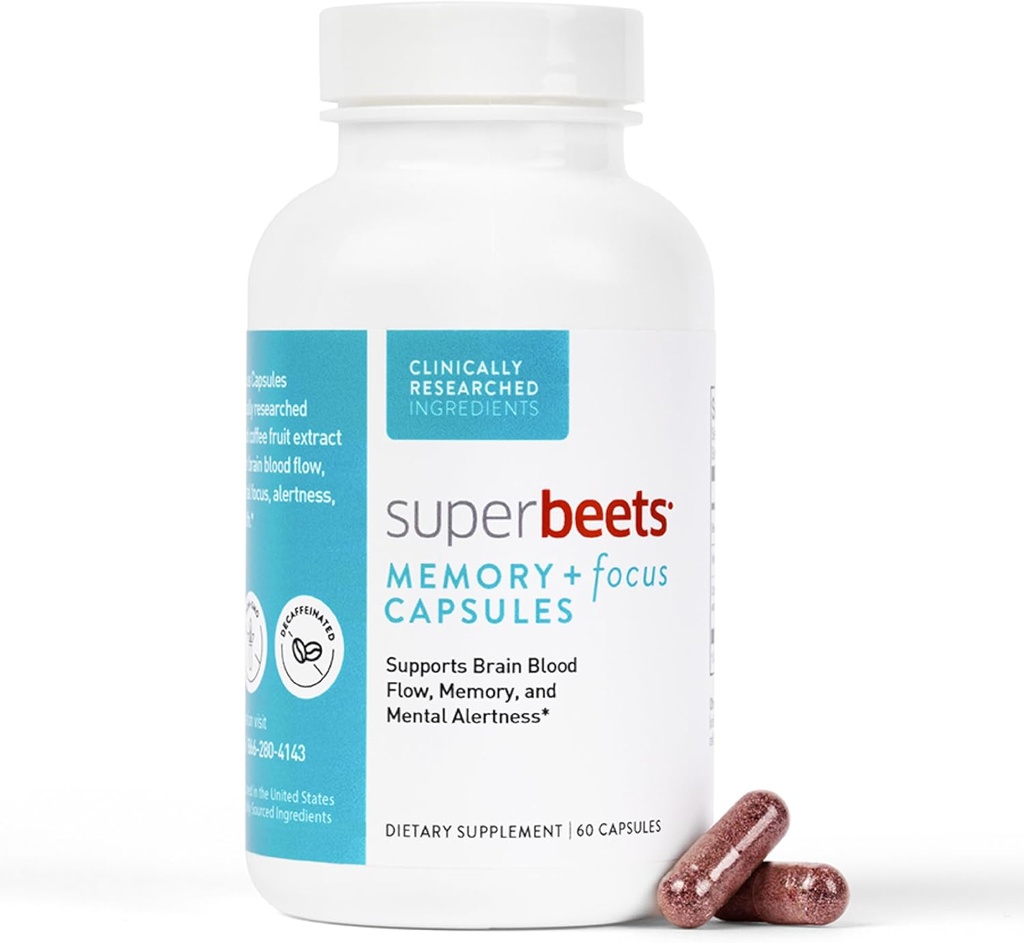 Humanin SuperBeets Memory & Focus Brain Supples Kapsułki - Sental Alertness - Klinicznie zbadane Nootropiki, Resveratrol Plus Buek Root Powder, Cukier wolny, 60 Count