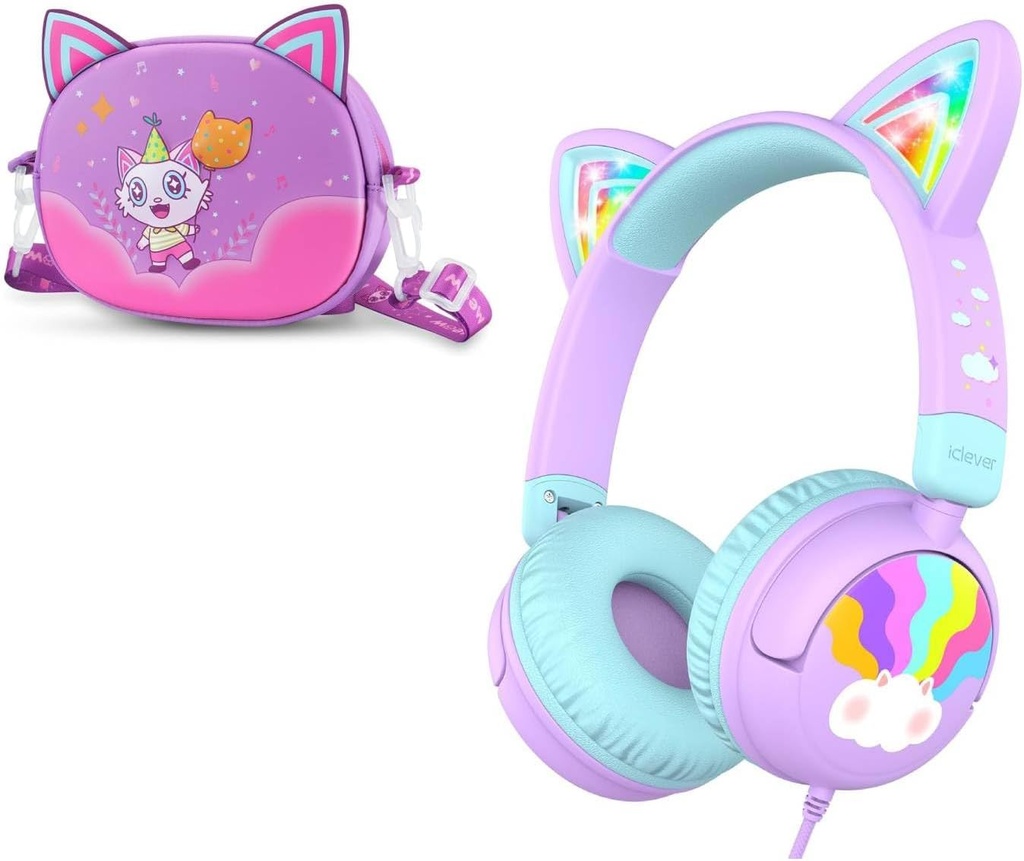 iClever przewodowe słuchawki dla dzieci Cat Ear Meow Lollipop & słuchawki Case Bundles