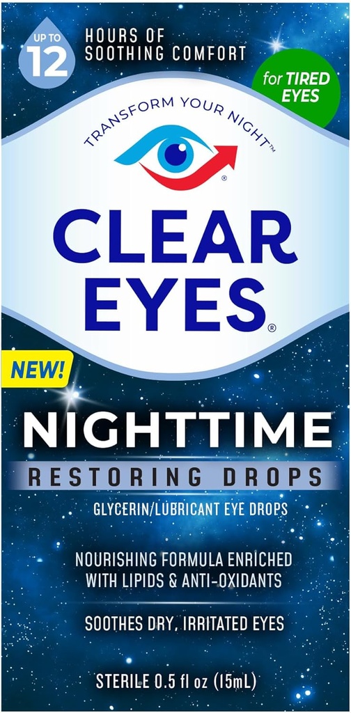 Clear Eyes Nighttime Przywracanie kropli do oczu, Sejf dla Nightly Użyj dla 12 Hours Soothing Comfort, 0.5 Fl Oz