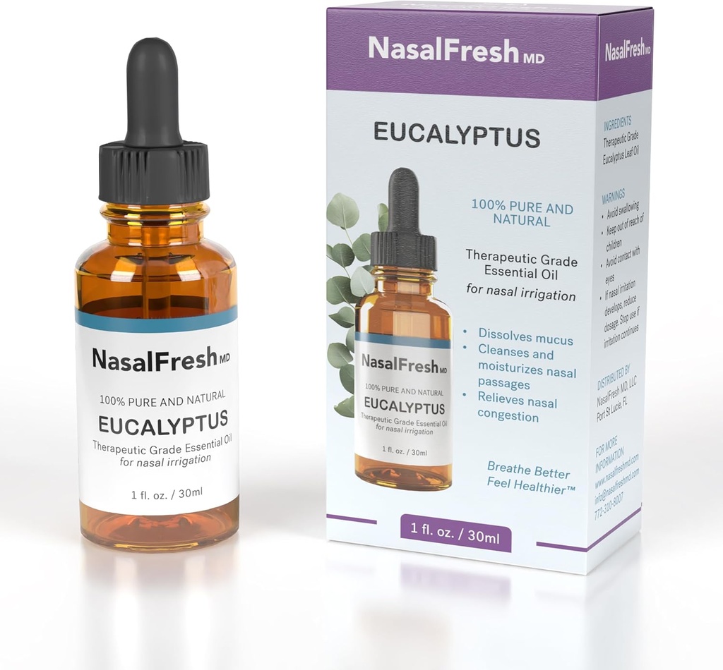 NASALFRESH MD - Eukaliptus Esential Oil - Nawadnianie błony śluzowej nosa - Odporność na przekrwienie - Dodatek do mycia błony śluzowej nosa - Olej esencyjny wysokiej klasy - Oczyszcza i nawilża drogi nosowe - 1oz