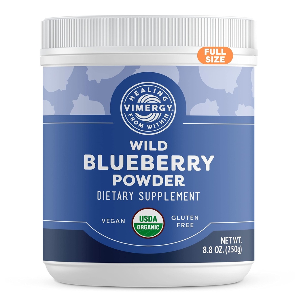 Vimergy Wild Blueberry Powder - Chroni zdrowie mózgu * - Wspiera funkcje sercowo-naczyniowe * - Organic, Wegan & Gluten- Free - Regular Size 250g