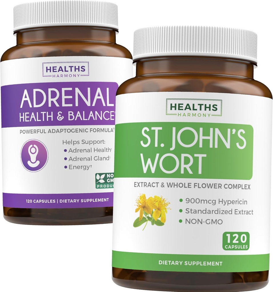 Adrenalina i ziele dziurawca zwyczajnego (4- Month Supply) Mood Harmony Pack - Wsparcie nadnerczy z L- Tyrosine (120 Kapsułek) i ziele dziurawca zwyczajnego z Powerfil 900mcg Hypericin 500 mg na kapsułkę (120 Kapsułek)