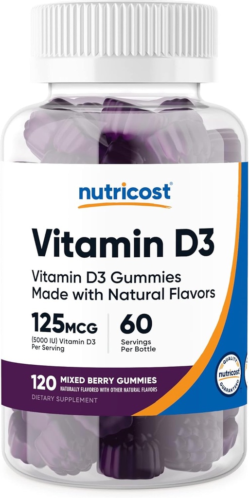 Nutricost Witamina D3 Gummie 5000 IU (125mcg), 120 Gummies - Mieszane żeberka aromatyzowane, 60 Służenie