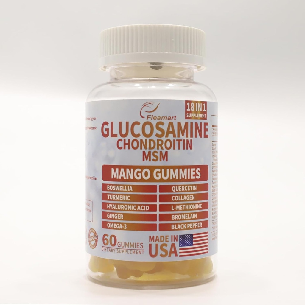 Glukozamina Chondroitin Gummie z MSM 60 CT Sugar Free Glukozamina Chondroitin Gummie Potrójne siły dla wspólnego zdrowia i wsparcia immunologicznego dla dorosłych, Mężczyźni i Kobiety - Mango Flavor