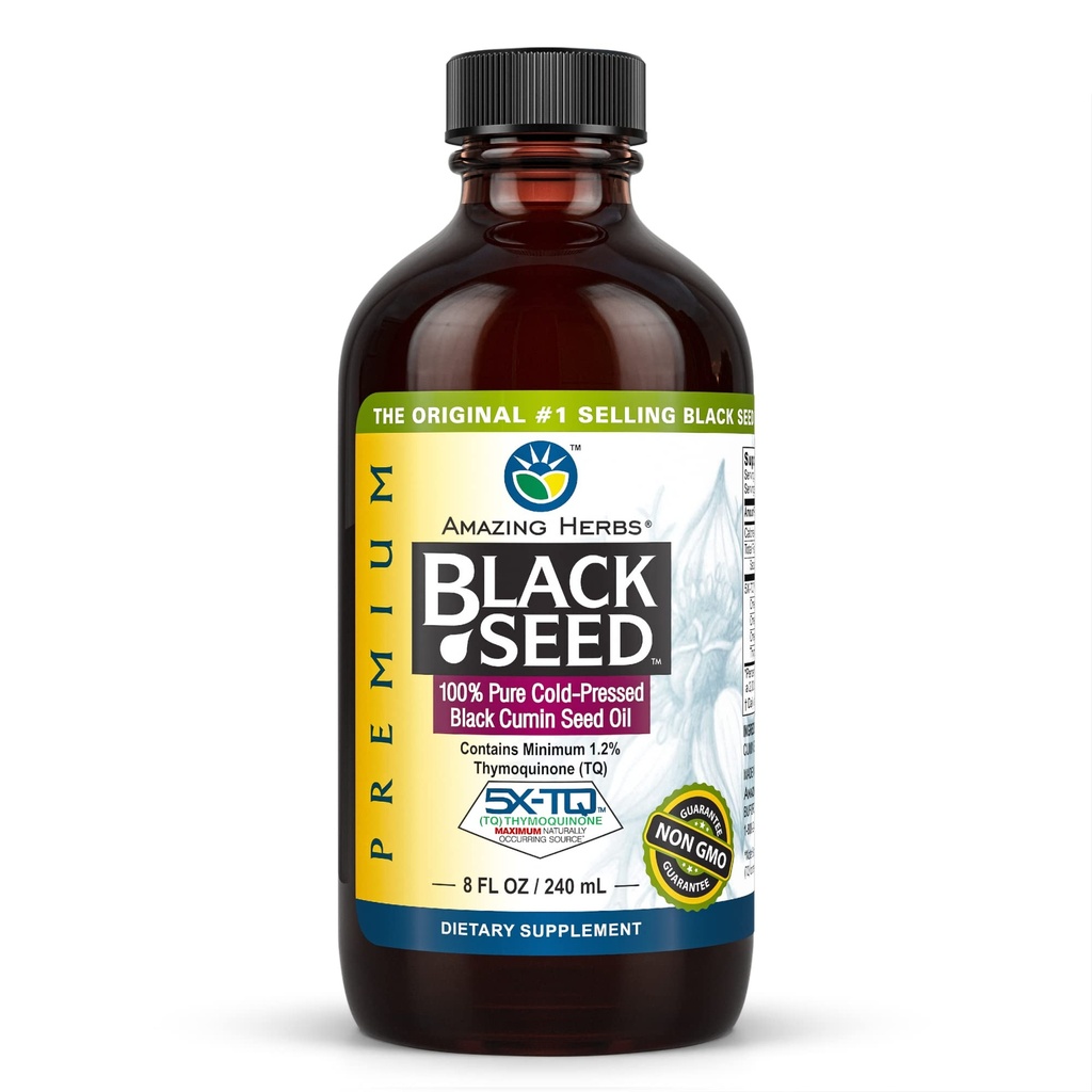 Niesamowite zioła Premium Black Seed Oil - Gluten Free, Nie GMO, Cold Pressed Nigella Sativa Aid in Digestive Health, Wsparcie immunologiczne, Funkcje mózgu - 8 Fl Oz