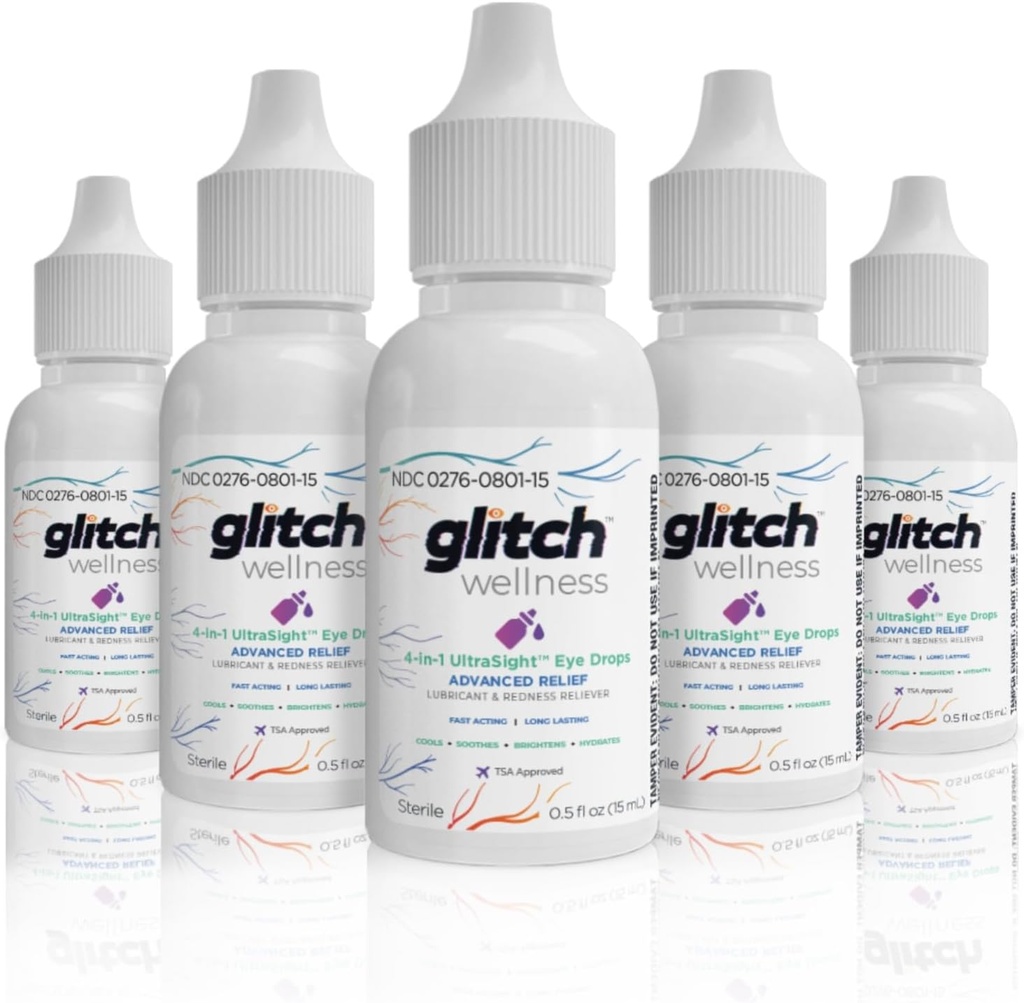 Glitch UltraSight Eye Drops for Dry Eyes 15 ml - 4 in 1 Advanced Relief Dry Eye Drops - All Day Comfort with Hydration, Brightening, Cooling - Effectively Coets Irritation & Dryness (5)