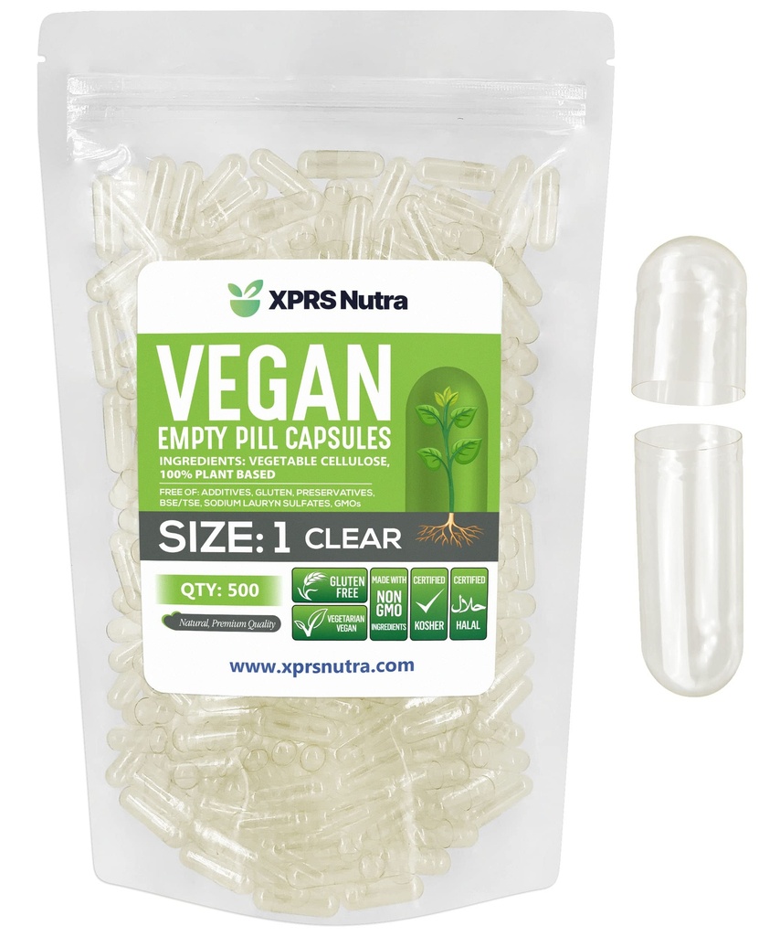 XPRS Nutra Rozmiar 1 Puste kapsułki - 500 Odliczanie klarownych pustych kapsułek wegańskich - Wegetariańskie tabletki - DIY Vegetable Capsule Fill- Veggie Pill Caps for Do- It- Yourself Supplements