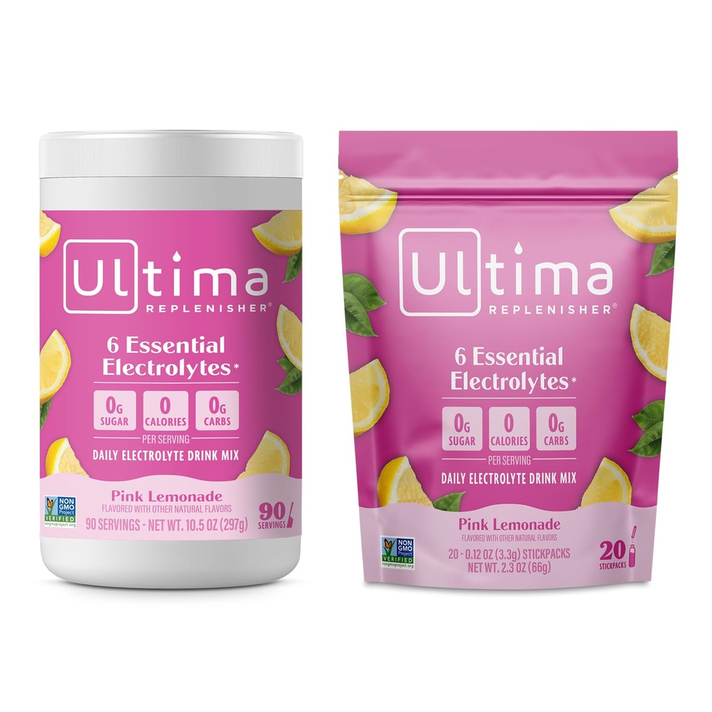 Ultima Replenisher Electrolyte w proszku mieszanki napojów - Cukier wolny - Pink Lemoniada, 90 Pudełko i 20 Stickpack - 6 Electrolytes and Minerals - Keto Friendly, Wegan, Non-GMO